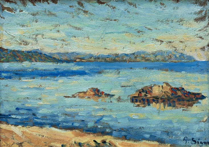 „Saint-Tropez, Windstille“ von Paul Signac – mediterrane Küstenlandschaft mit ruhigem Wasser, Booten und leuchtenden Farben.