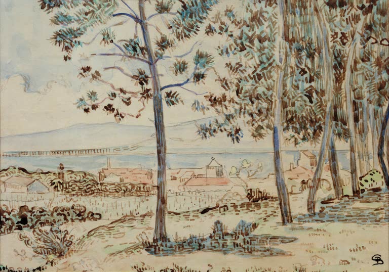 „Saint-Tropez“ von Paul Signac – farbenfrohe neoimpressionistische Ansicht von Saint-Tropez mit mediterraner Architektur und Vegetation.