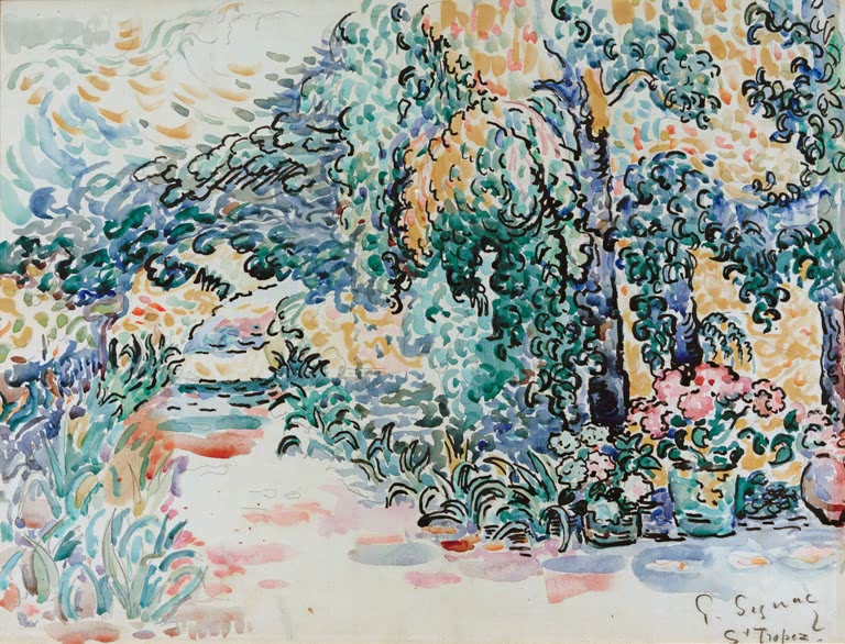 „Der Garten des Künstlers in Saint-Tropez“ von Paul Signac – farbenfroher mediterraner Garten mit üppiger Vegetation in Saint-Tropez.