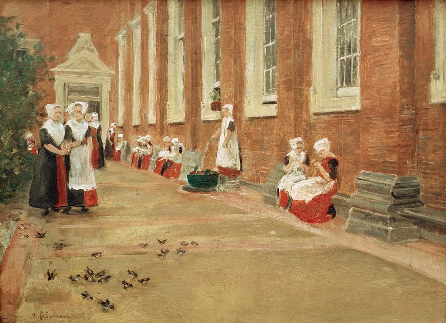 Gemälde 'Freistunde im Amsterdamer Waisenhaus' von Max Liebermann: Impressionistische Darstellung einer Gruppe von Mädchen in schwarzen Uniformen, die im Hof eines Waisenhauses spielen, mit subtilem Licht- und Schattenspiel.