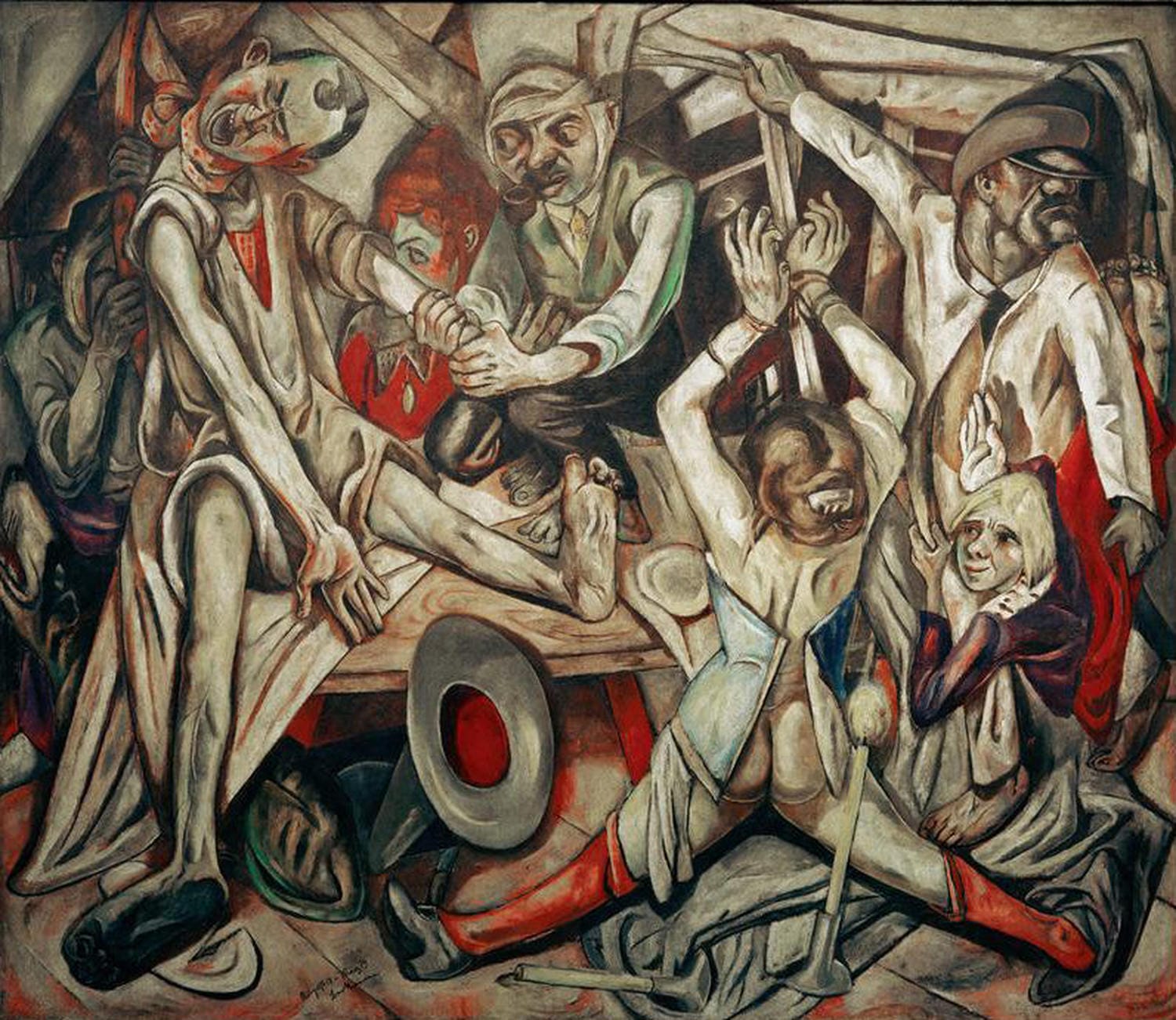 Kunstdruck von Max Beckmanns „Die Nacht“ (1918–1919), ein expressionistisches Gemälde mit kraftvollen Darstellungen menschlicher Emotionen.