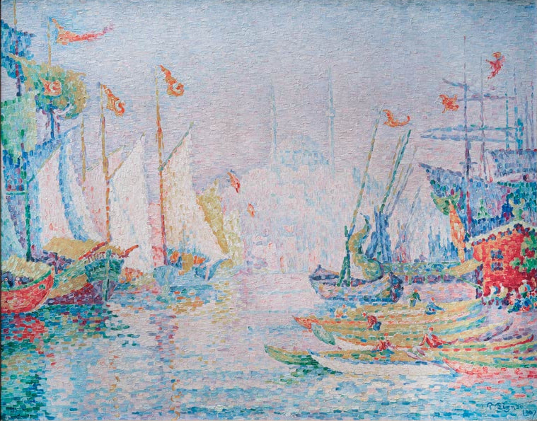 „Das Goldene Horn am Morgen“ von Paul Signac – farbenfrohe Ansicht des Goldenen Horns in Istanbul bei warmem Morgenlicht.