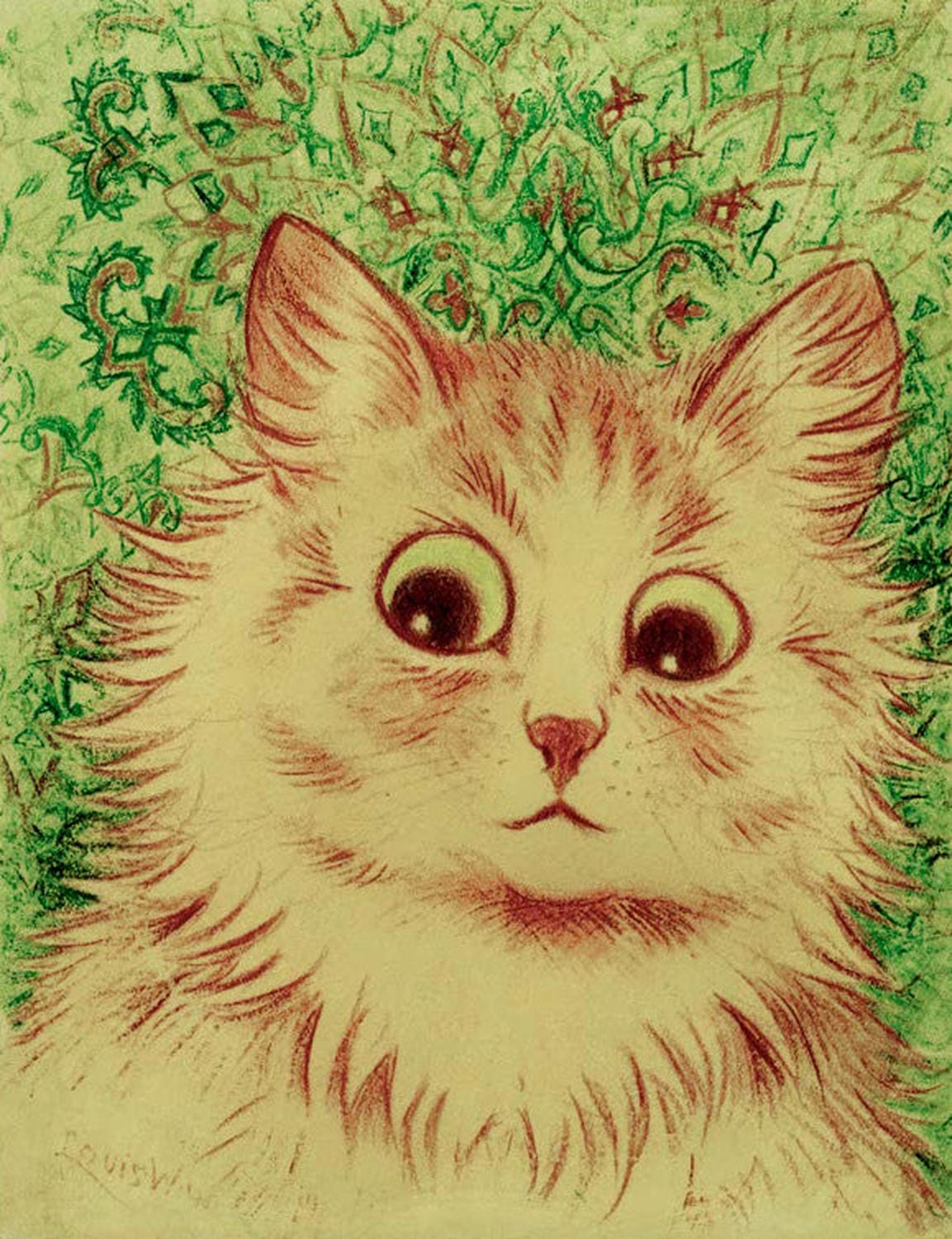 "Kaleidoskopf-Katzen: Katzenkopf auf Paisleymuster" von Louis Wain – ornamentaler Katzen Kunstdruck auf Leinwand oder Fine Art Papier