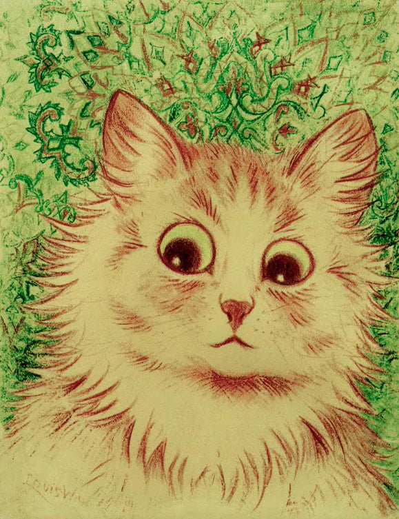 "Kaleidoskopf-Katzen: Katzenkopf auf Paisleymuster" von Louis Wain – ornamentaler Katzen Kunstdruck auf Leinwand oder Fine Art Papier