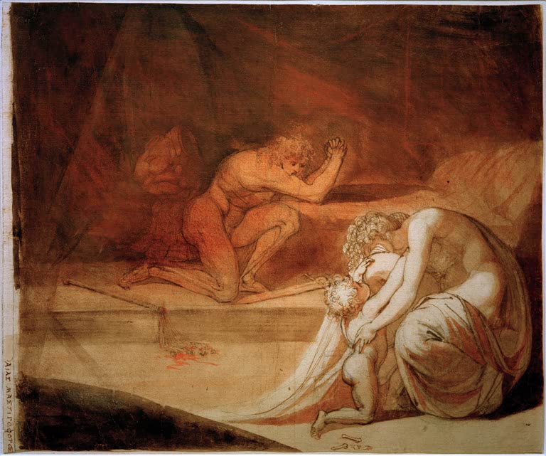 Kunstdruck des Gemäldes Der rasende Aias, zu seinem Sohn Eurysakes gewandt von Johann Heinrich Füssli mit dramatischer mythologischer Szene.