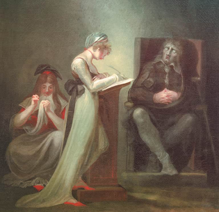 Kunstdruck des Gemäldes Milton diktiert seiner Tochter von Johann Heinrich Füssli mit literarischer Szene, ruhiger Komposition und klassischer Atmosphäre.