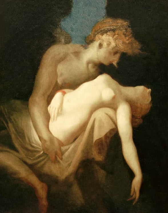Kunstdruck des Gemäldes Amor und Psyche von Johann Heinrich Füssli mit mythologischer Szene, zarter Figurenkomposition und romantischer Atmosphäre.