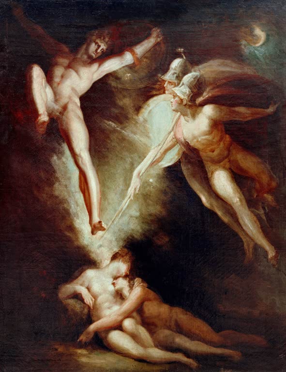 Kunstdruck des Gemäldes Satan flieht, von Ithuriels Speer berührt von Johann Heinrich Füssli