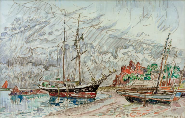 „Schiffe in Loquivy“ von Paul Signac – farbenfrohe neoimpressionistische Küstenszene mit Schiffen und Meer vor der bretonischen Küste.