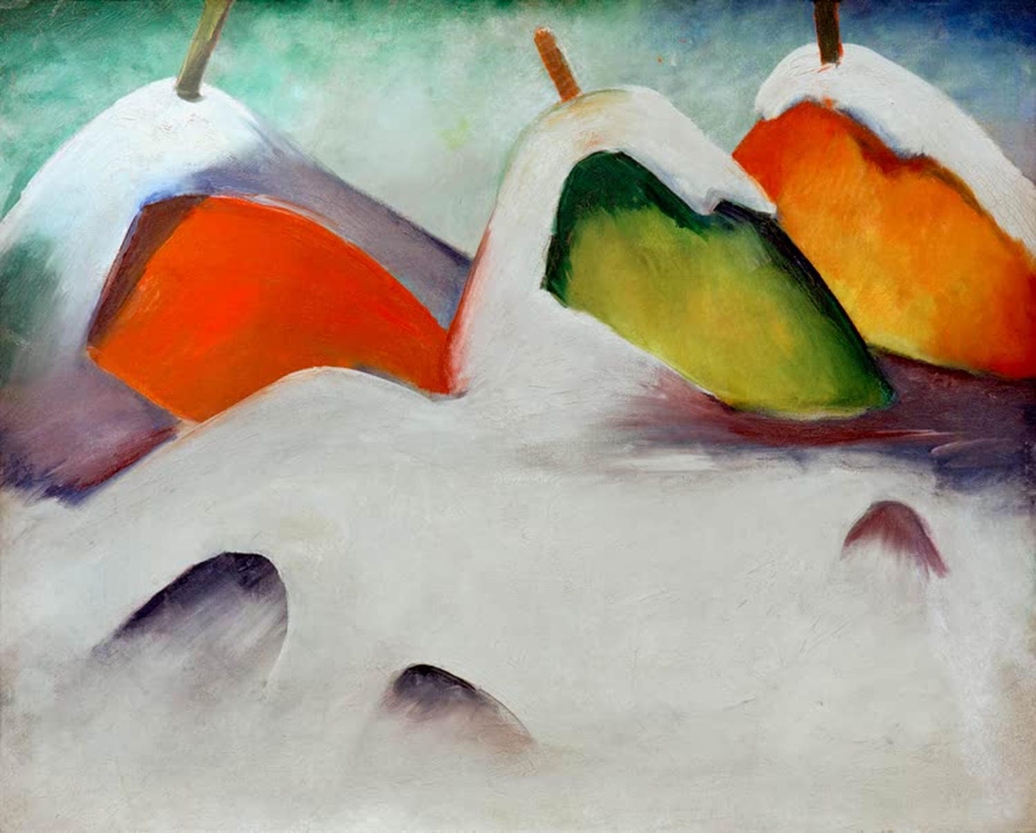 Kunstdruck „Heuhocken im Schnee“ von Franz Marc – winterliche Landschaft mit Heuhocken als hochwertiger Kunstdruck, auf Leinwand oder Poster, optional gerahmt, handgefertigt in Deutschland.