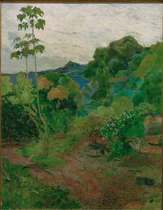 Kunstdruck des Gemäldes 'Landschaft auf Martinique' von Paul Gauguin, zeigt eine tropische Szene mit üppiger Vegetation, Palmen und lebendigen Farben, die die exotische Natur der Karibik einfangen.