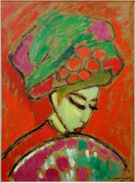 Kunstdruck von Alexej von Jawlenskys Junges Mädchen mit einem Blumenhut. Ausdrucksstarkes Porträt einer jungen Frau in einem leuchtenden Blumenhut, mit intensiven Farben und emotionaler Tiefe.