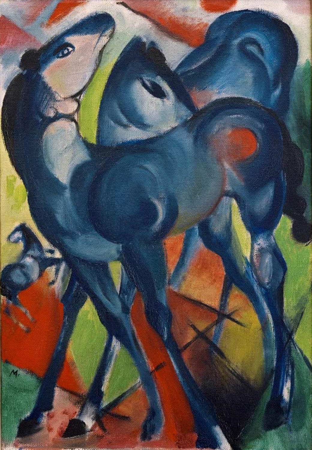 Kunstdruck „Die Blauen Fohlen“ von Franz Marc – farbenfrohes expressionistisches Pferde-Motiv als hochwertiger Kunstdruck, auf Leinwand oder Poster, optional gerahmt, handgefertigt in Deutschland.