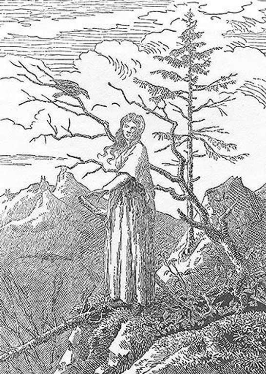 „Die Frau mit dem Raben am Abgrund“ von Caspar David Friedrich – Frau und Rabe an einem Abgrund in einer geheimnisvollen romantischen Landschaft.