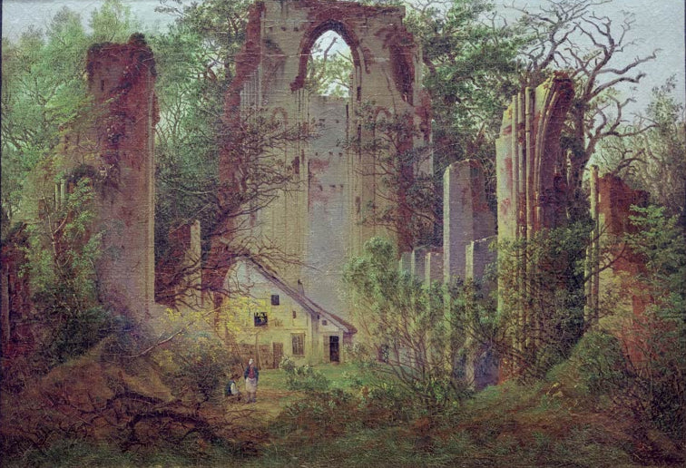 „Klosterruine Eldena bei Greifswald“ von Caspar David Friedrich – romantische Landschaft mit gotischer Klosterruine und hohen Bäumen.