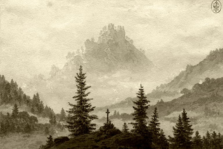 „Gebirge im Nebel“ von Caspar David Friedrich – nebelverhangene romantische Berglandschaft mit weichen Konturen und weiter Atmosphäre.