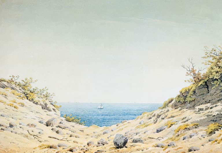 „Blick durch eine Ufersenkung auf das Meer“ von Caspar David Friedrich – Küstenlandschaft mit Blick durch eine Ufersenkung auf das offene Meer.