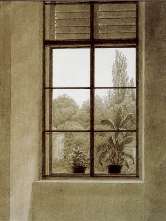 „Fenster mit Parkpartie“ von Caspar David Friedrich – Blick aus einem Fenster auf eine ruhige Parklandschaft mit Bäumen.