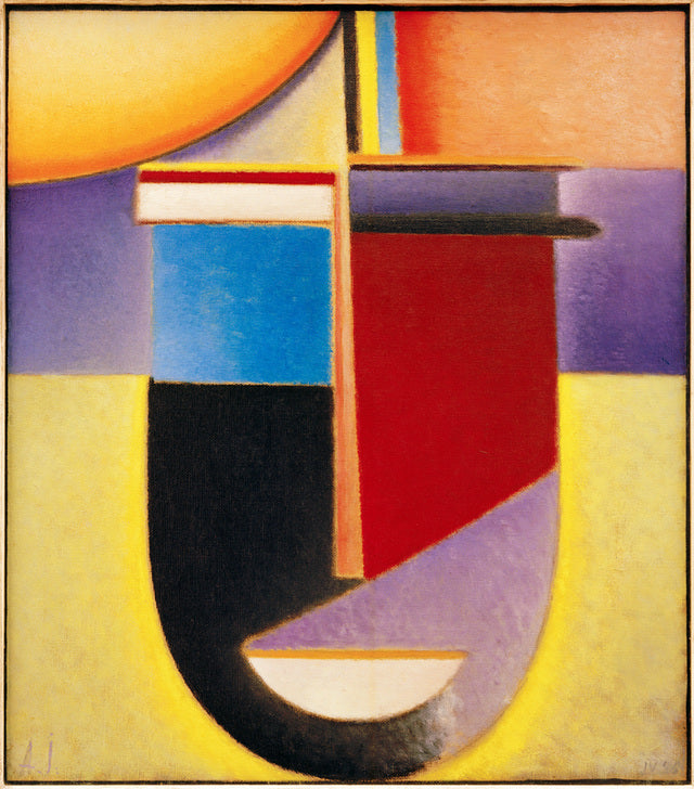 Kunstdruck von Alexej von Jawlenskys Abstrakter Kopf: Sonne – Farben – Leben. Ein expressionistisches Meisterwerk, das die Verbindung zwischen Sonne, Farben und der Lebenskraft in abstrakter Form darstellt.