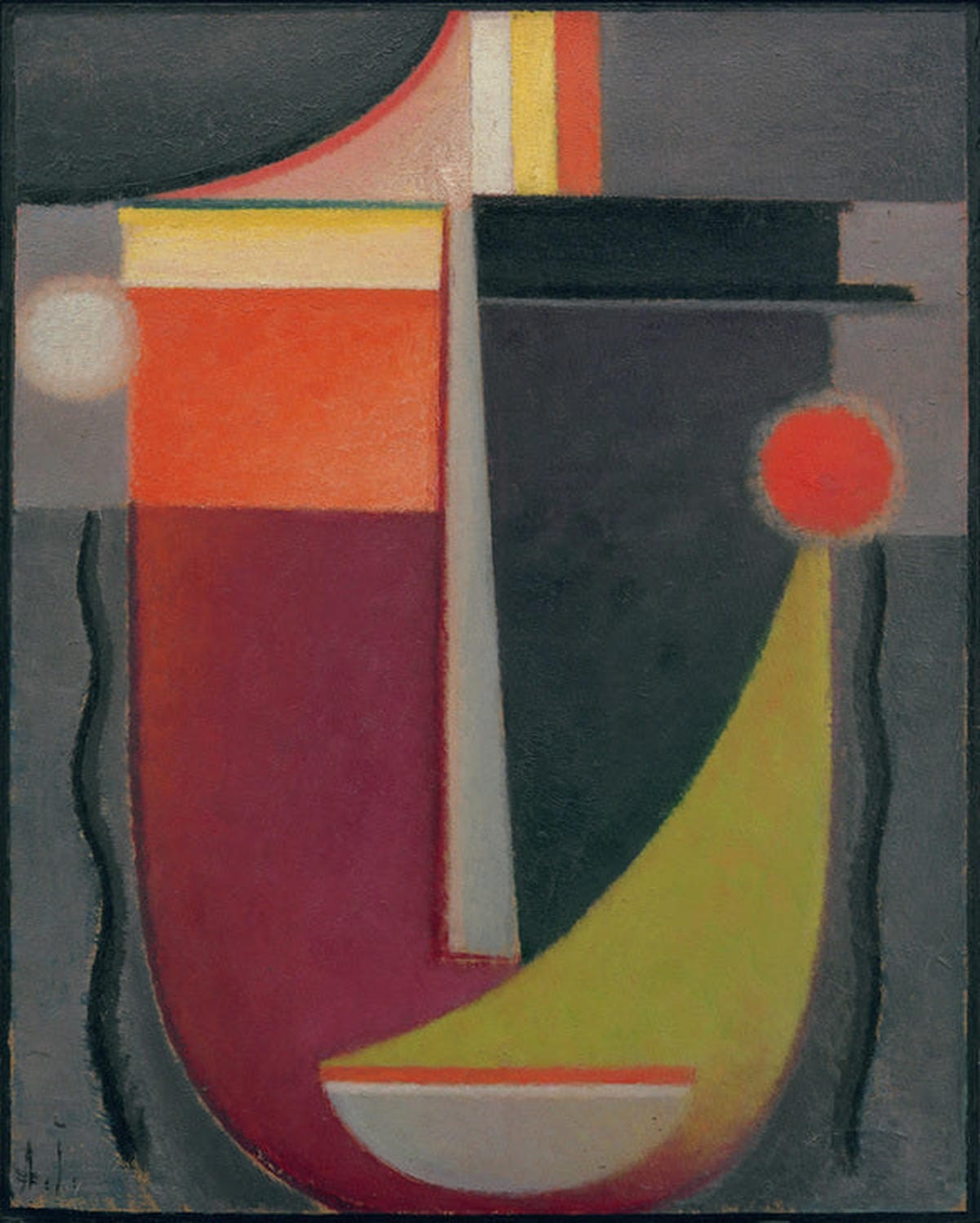 Kunstdruck von Alexej von Jawlenskys Abstrakter Kopf: Erloschene Glut. Ein expressionistisches Porträt, das die beruhigende und melancholische Atmosphäre nach der Auslöschung einer Glut in kraftvollen Farben einfängt.