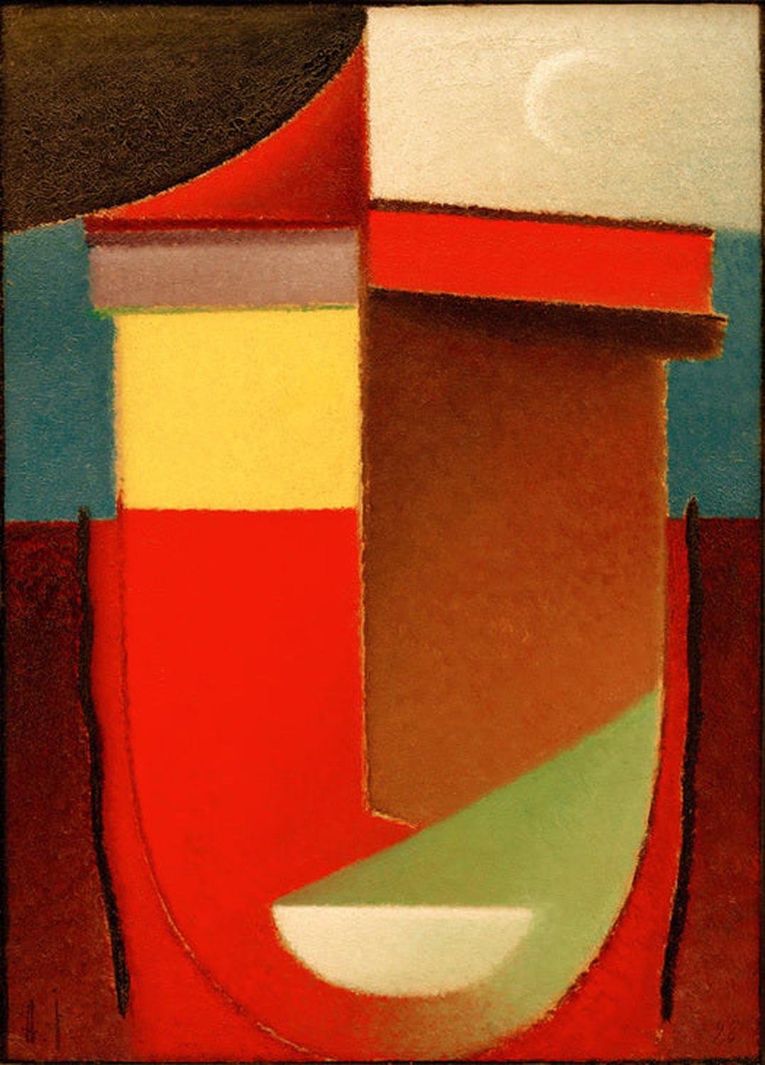 Kunstdruck von Alexej von Jawlenskys Abstrakter Kopf: Spätsommer (Mondsichel). Ein expressionistisches Werk, das die ruhige Schönheit und mystische Atmosphäre eines späten Sommertages mit einer Mondsichel darstellt.