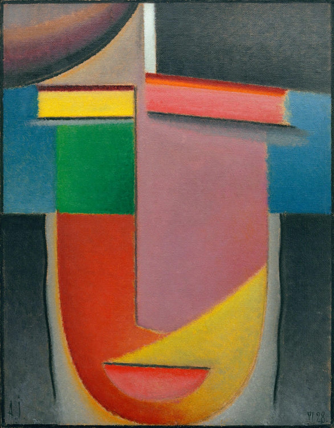 Kunstdruck von Alexej von Jawlenskys Abstrakter Kopf: Herbstlicher Klang. Ein expressionistisches Werk, das die Farben und den Klang des Herbstes in abstrakten Formen und warmen Tönen darstellt.