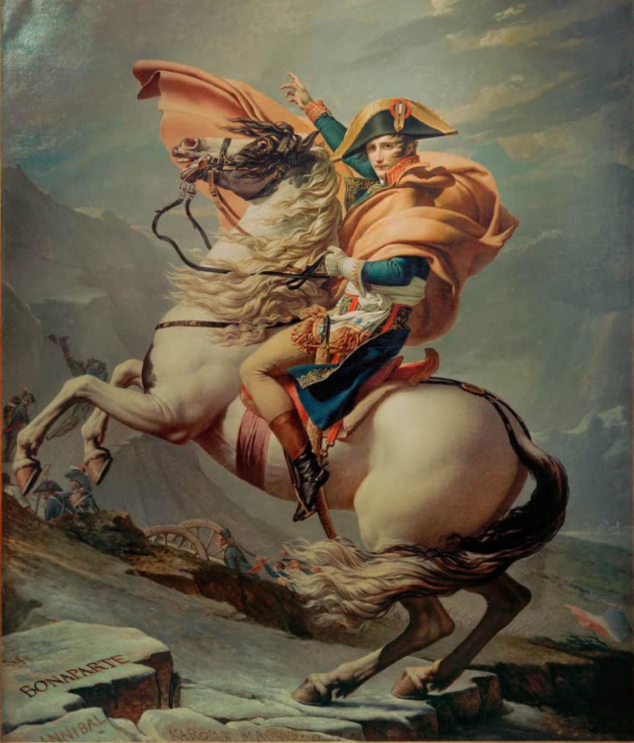 Jacques-Louis David Gemälde „Napoleon überquert die Alpen“ – heroische Darstellung Napoleons auf einem aufsteigenden Pferd in dramatischer Pose.