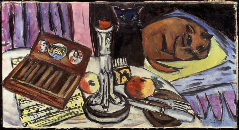 Stilleben mit silbernem Leuchter (Stilleben mit Katzen) | Max Beckmann