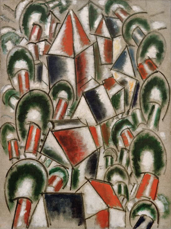 "Häuser zwischen Bäumen" von Fernand Léger – kubistische Stadtlandschaft mit geometrischen Häusern und Bäumen.