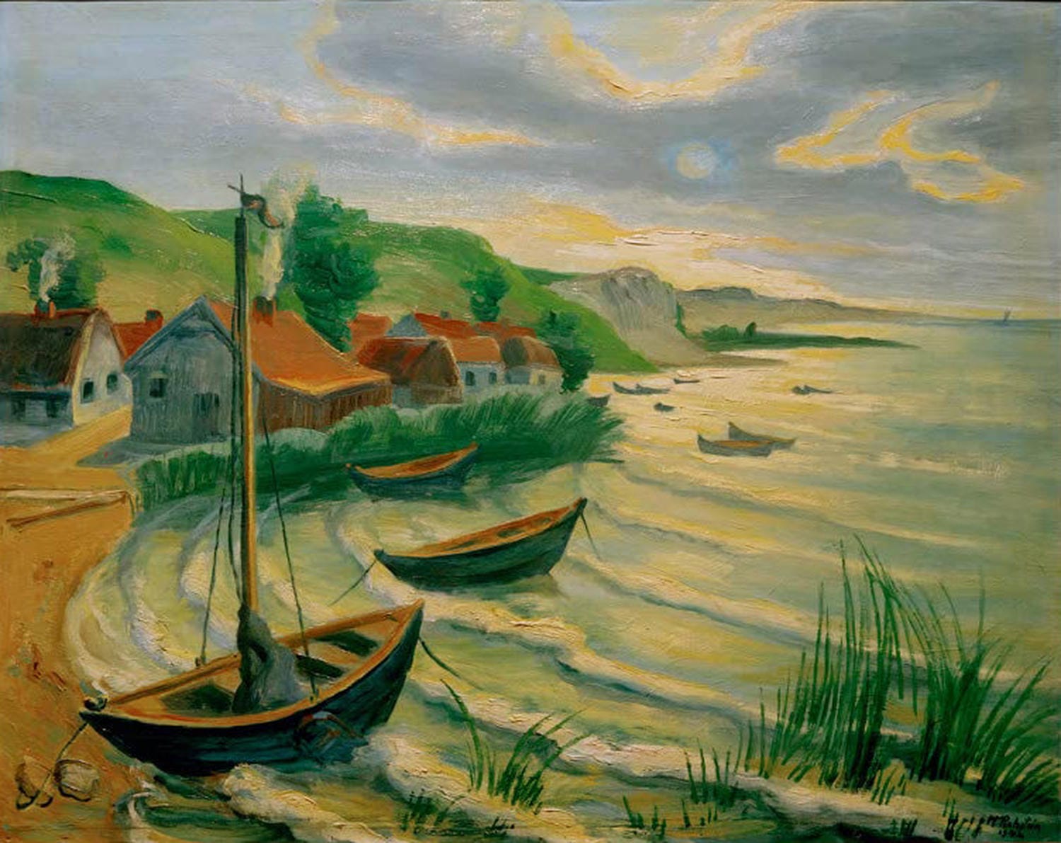 Max Pechstein, „Am frischen Haff“, expressionistisches Gemälde einer flachen Küstenlandschaft mit Wasser und Himmel.