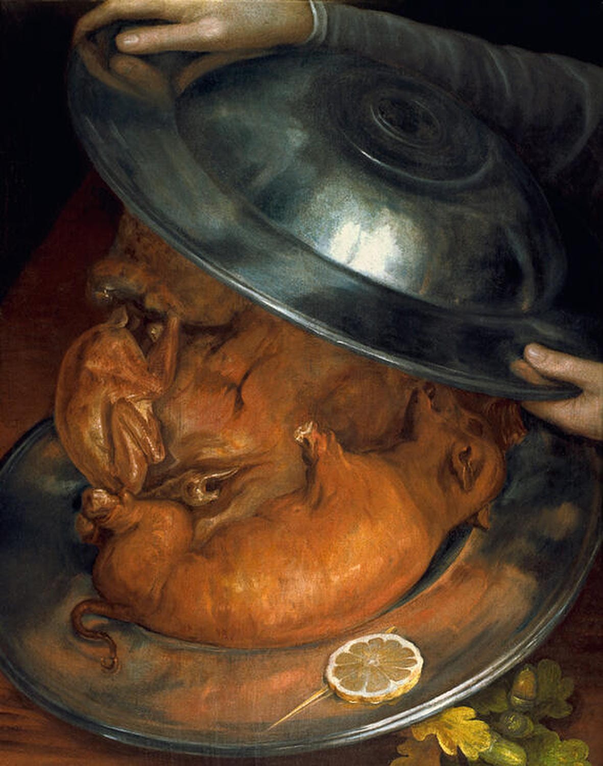 Kunstdruck von Giuseppe Arcimboldos Der Koch, das eine Platte mit Fleischstücken zeigt, die, wenn das Bild gedreht wird, ein menschliches Gesicht bilden.