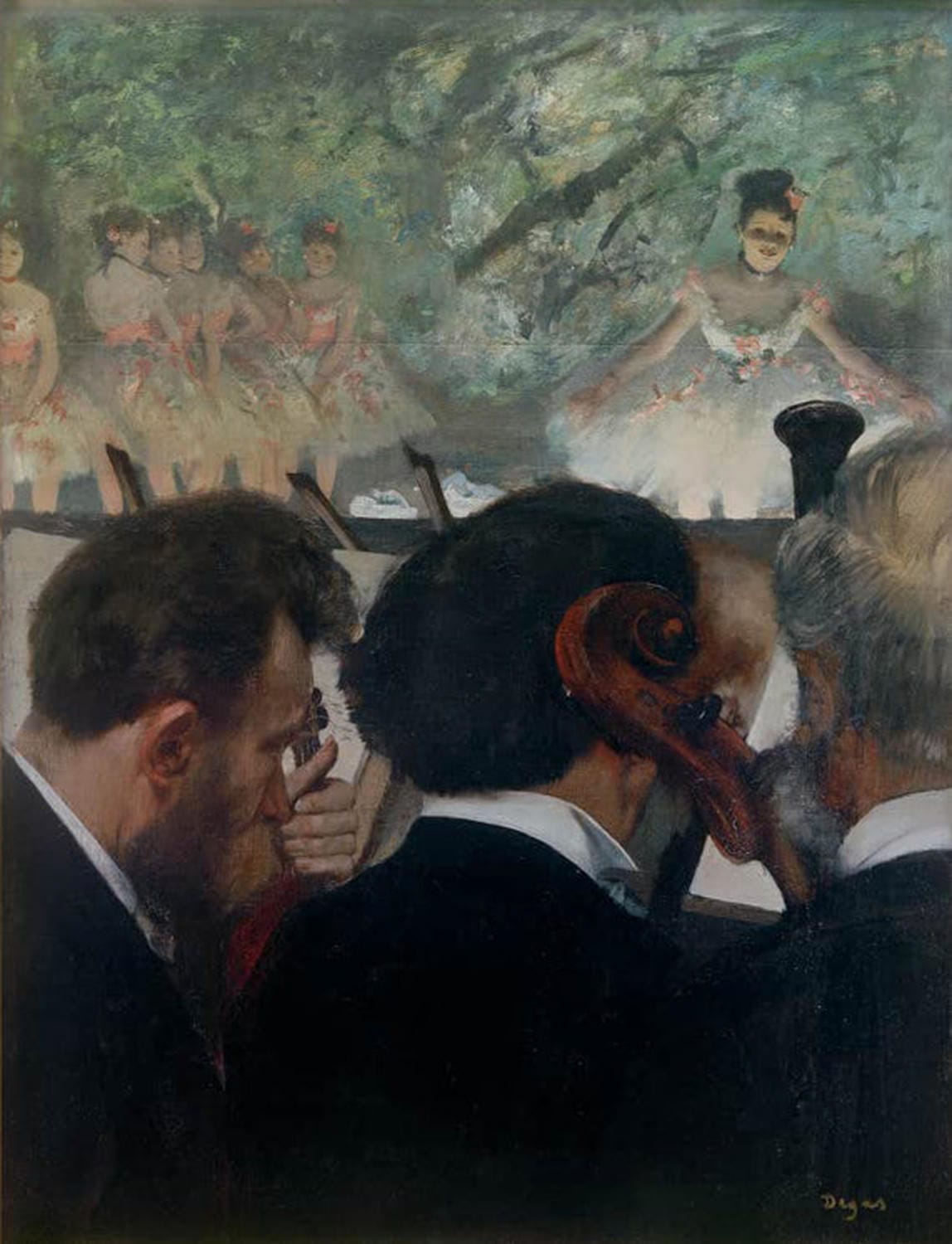 „Die Orchestermusiker“ von Edgar Degas – Impressionistisches Gemälde mit einer Szene aus der Pariser Oper. Im Vordergrund Musiker im Orchestergraben, im Hintergrund Balletttänzerinnen auf der Bühne. Kontrastreiche Komposition mit warmen Farbtönen und detailreichen Figuren.