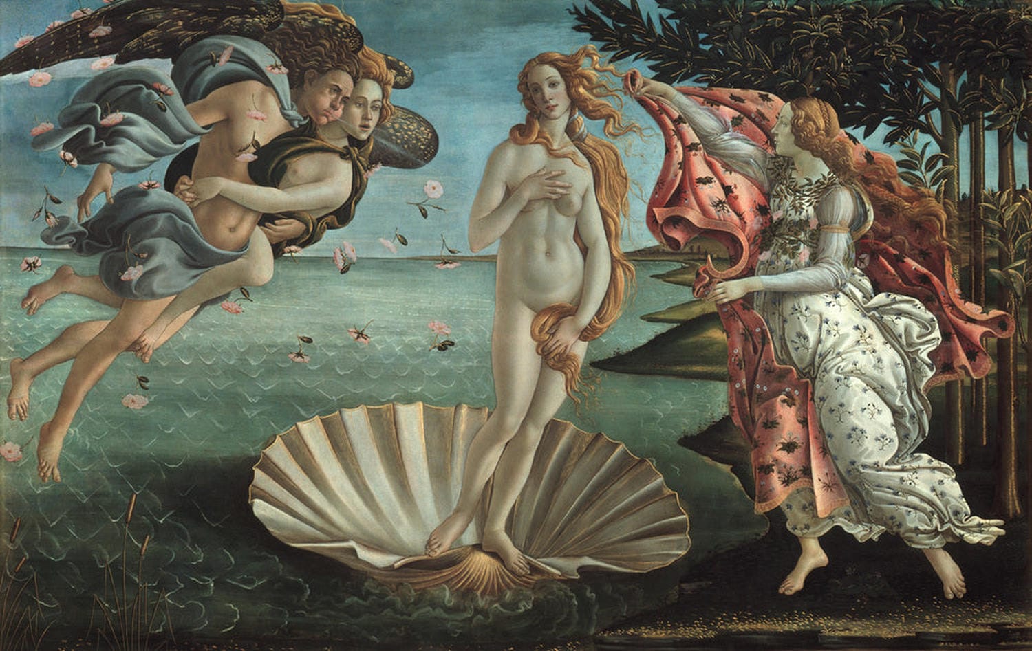 Sandro Botticelli Gemälde „Die Geburt der Venus“ – berühmte Renaissance-Darstellung der Venus, die auf einer Muschel aus dem Meer steigt.