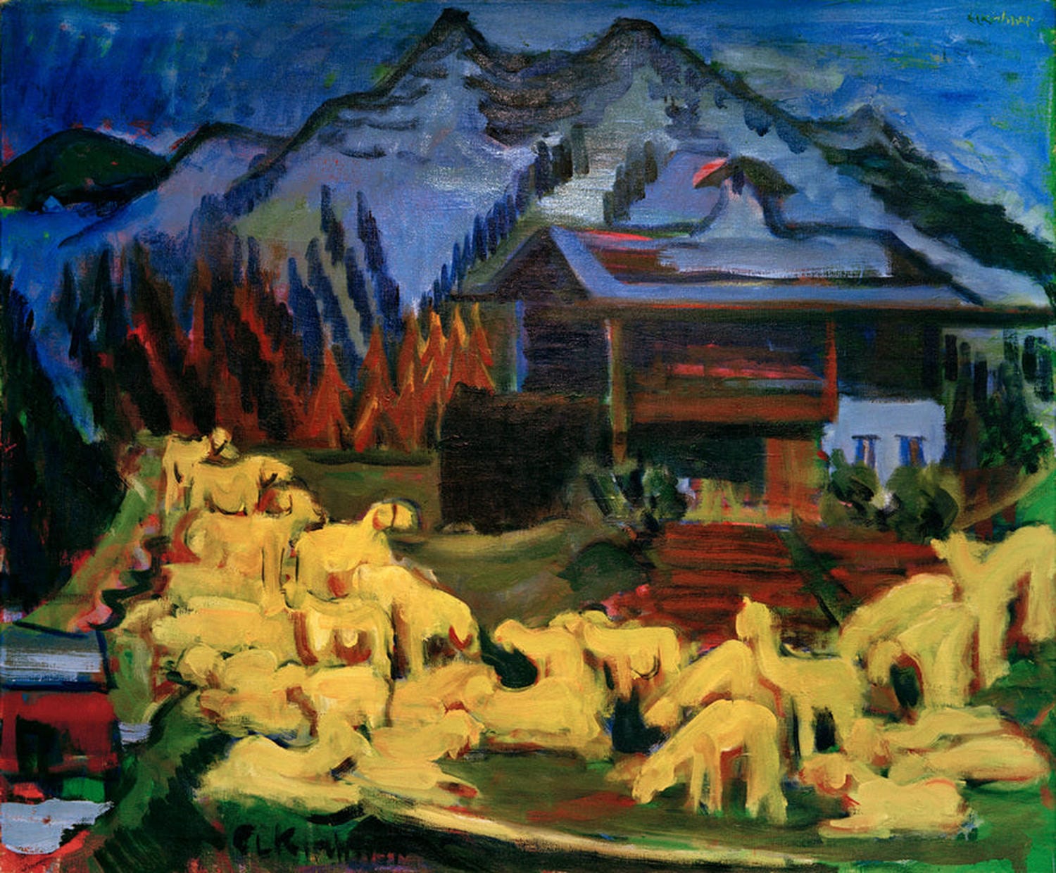 Expressionistisches Gemälde einer Schafherde in lebhaften Farben von Ernst Ludwig Kirchner.