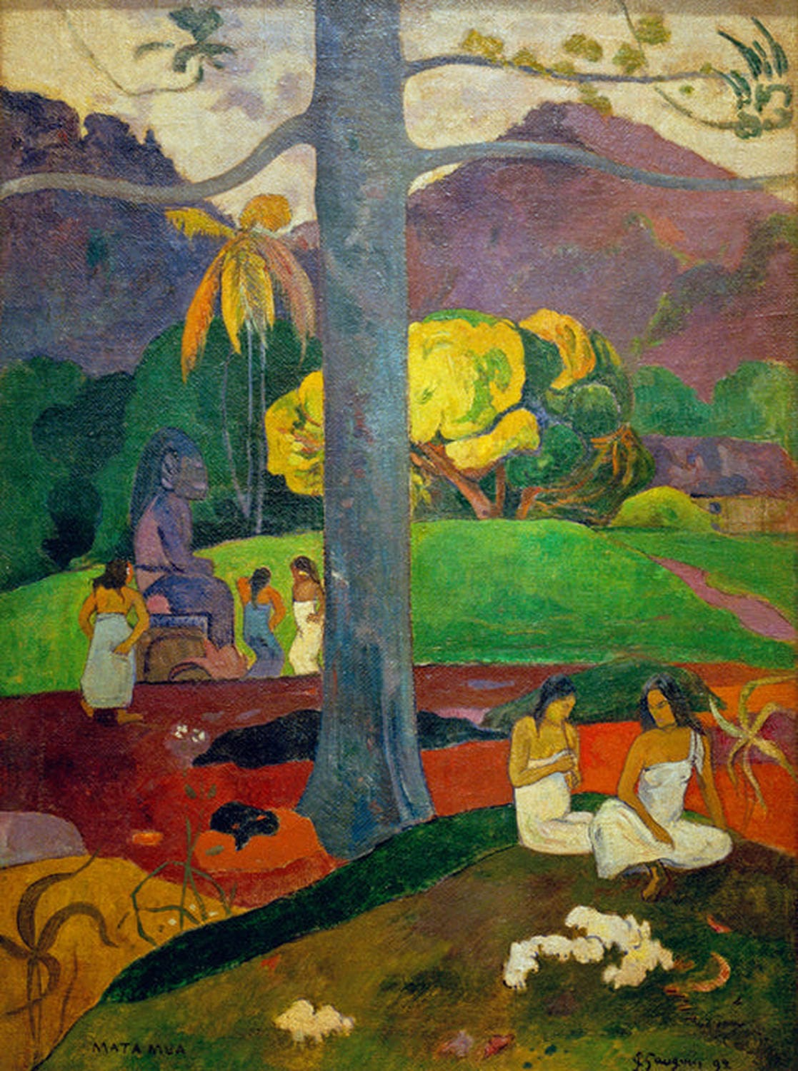 Kunstdruck des Gemäldes 'In alten Zeiten' von Paul Gauguin, zeigt eine farbenfrohe Szene mit zwei tahitianischen Frauen in einer exotischen Landschaft, umgeben von symbolischen und spirituellen Elementen, inspiriert von der Kultur Tahitis.