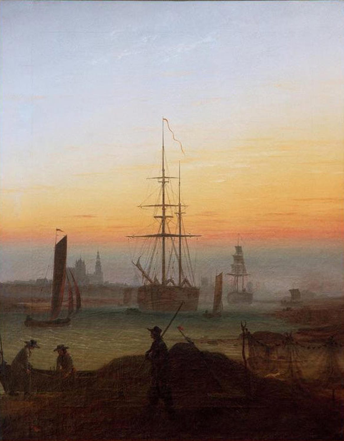 Hafenansicht mit Segelschiffen vor Greifswald – romantisches Gemälde von Caspar David Friedrich.