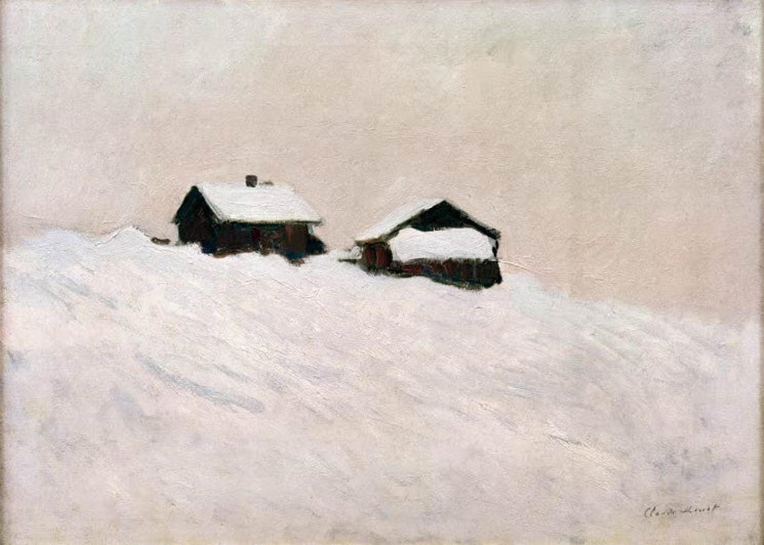 Claude Monet – Häuser im Schnee in Norwegen (1895), impressionistische Schneelandschaft mit zwei Holzhäusern und pastellfarbenem Himmel