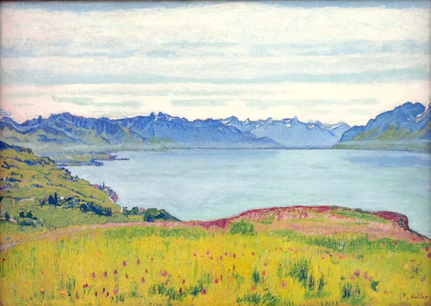 Ferdinand Hodler Gemälde „Landschaft am Genfer See“ – klare, harmonische Landschaftsdarstellung mit Bergen und See.