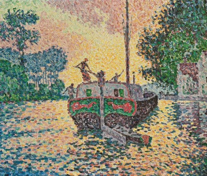 „Der Lastkahn“ von Paul Signac – neoimpressionistische Darstellung eines Lastkahns auf einer ruhigen Wasserfläche.