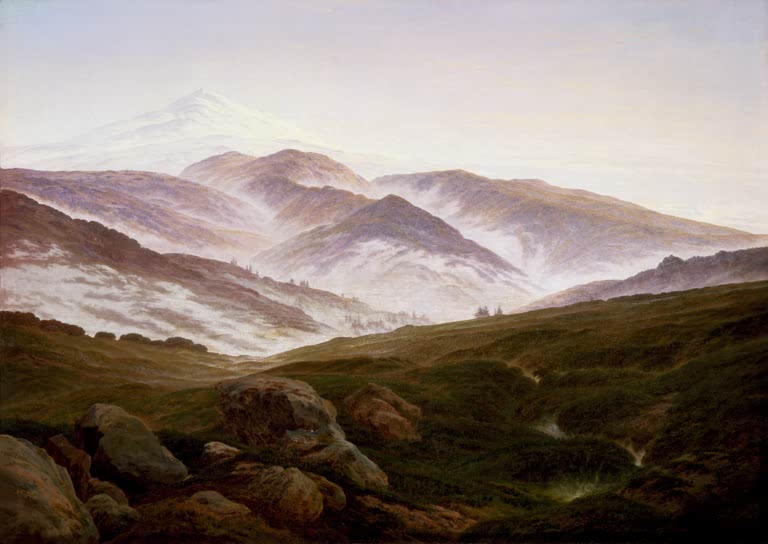„Erinnerung an das Riesengebirge“ von Caspar David Friedrich – romantische Gebirgslandschaft mit weiten Bergen und Felsen.