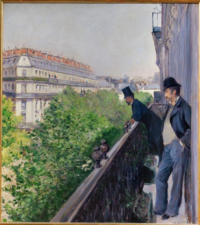 Balkon am Boulevard Haussmann – Gustave Caillebotte, impressionistisches Stadtbild mit Blick auf Pariser Boulevard.