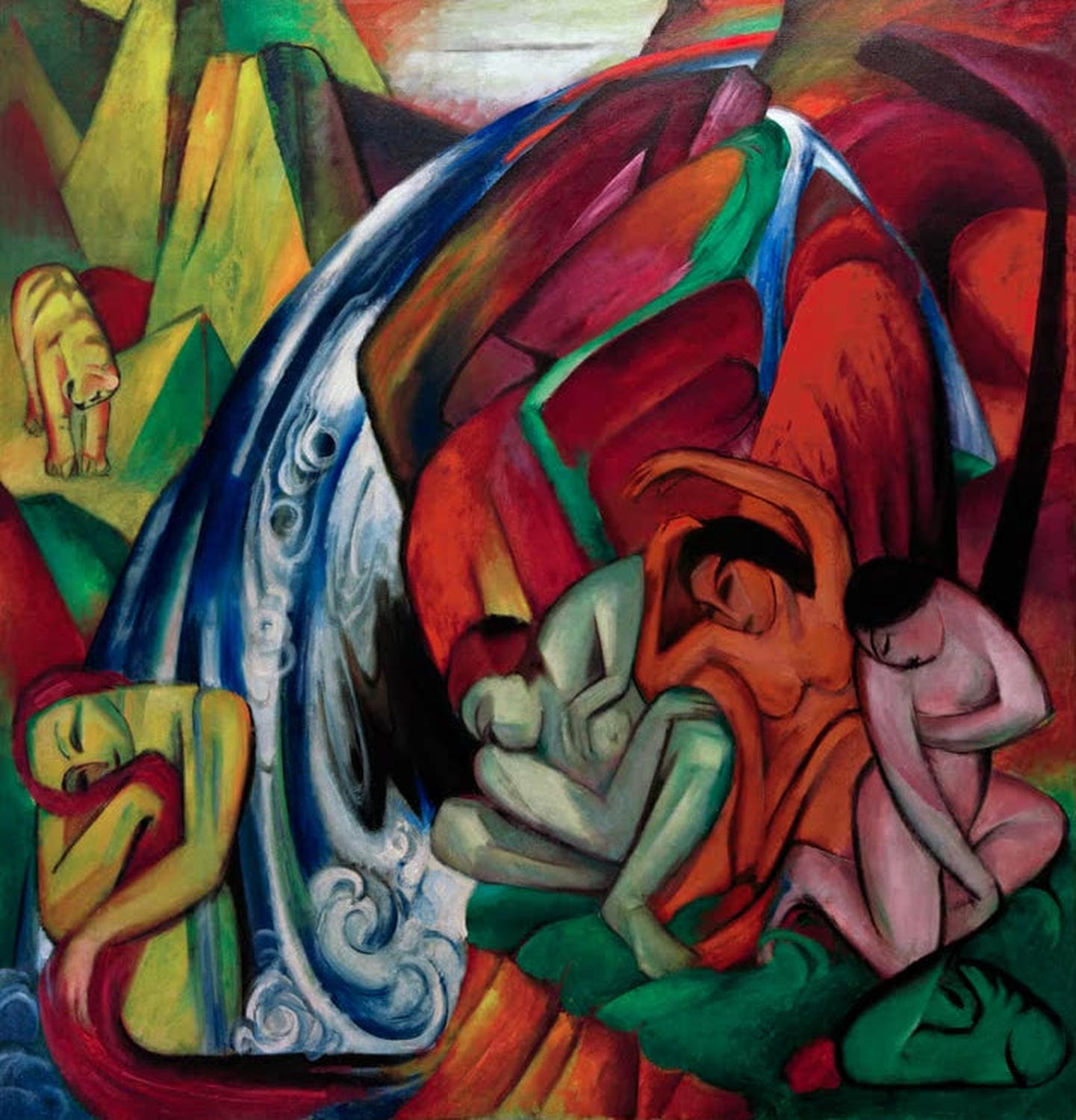 Kunstdruck „Der Wasserfall“ von Franz Marc – expressionistische Landschaft mit Wasserfall als hochwertiger Kunstdruck, auf Leinwand oder Poster, optional gerahmt, handgefertigt in Deutschland.