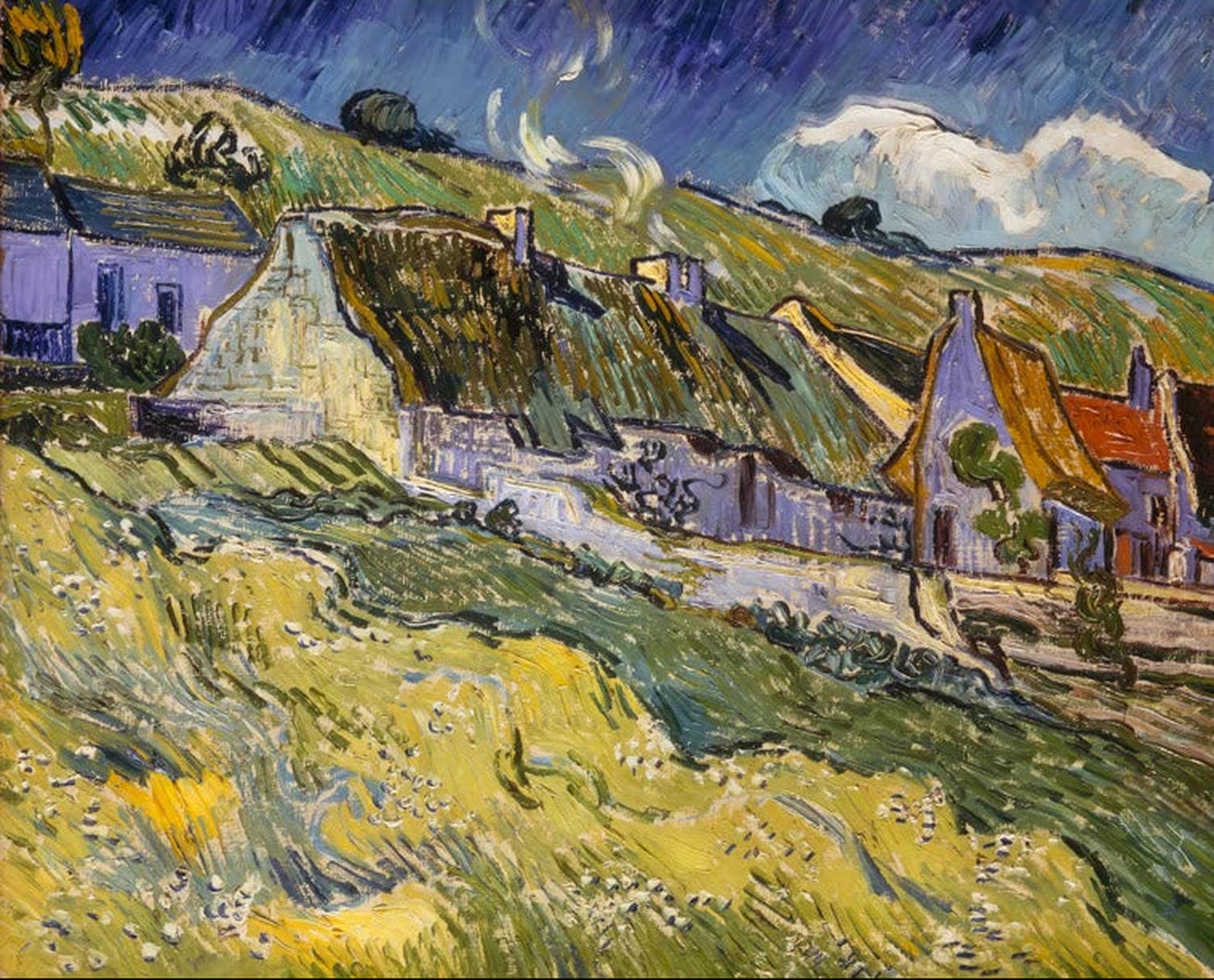 Kunstdruck „Strohgedeckte Häuser in Cordeville“ von Vincent van Gogh mit traditionellen Strohdächern, warmen Erdtönen und lebendigem, expressivem Pinselstrich.