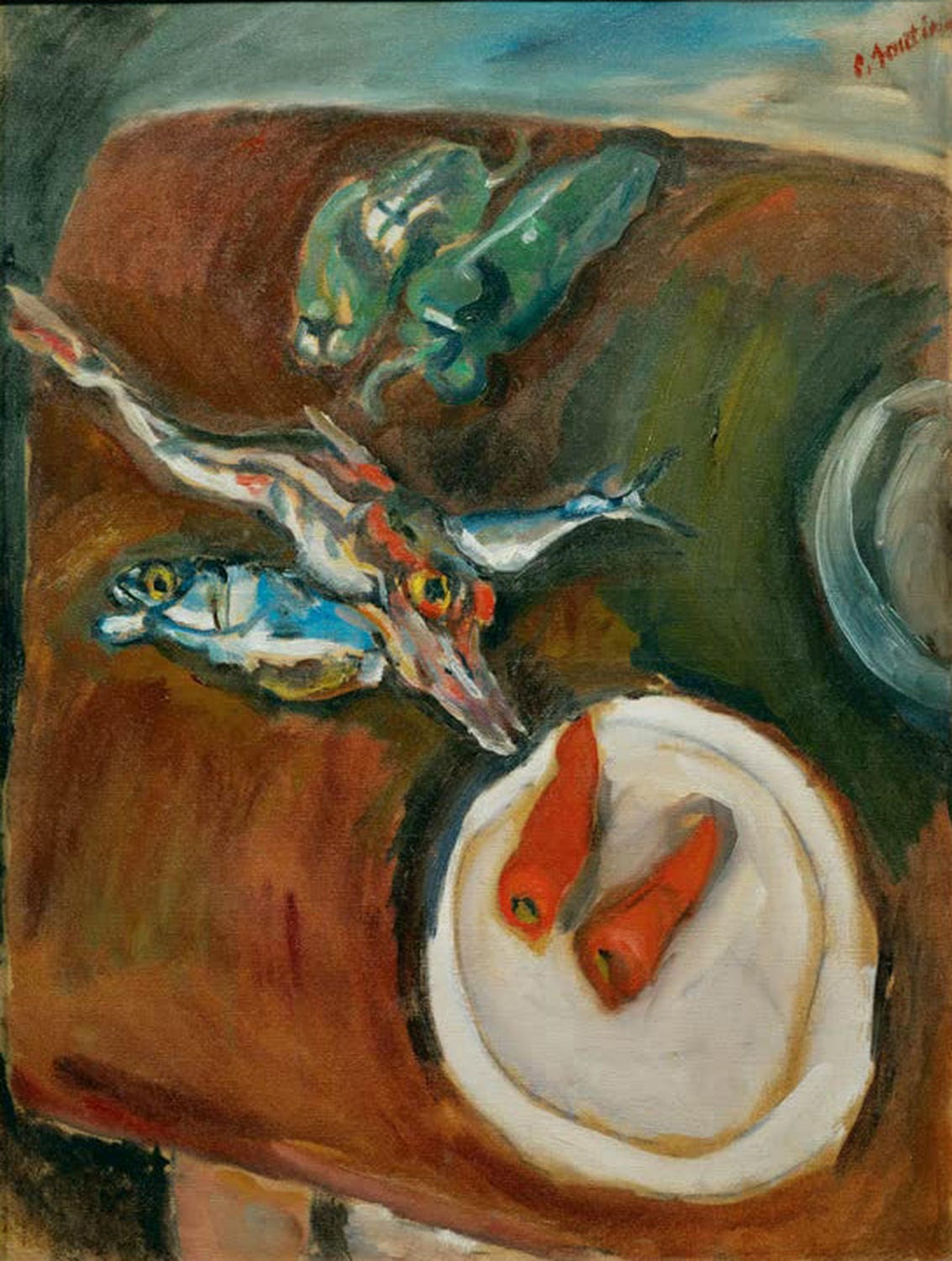 Intensiv farbiges Fischstillleben mit wilder, expressiver Malweise von Chaim Soutine.