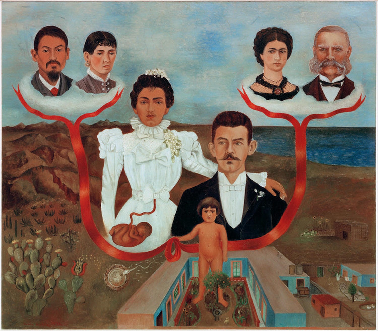  Kunstdruck von Frida Kahlos Meine Großeltern, meine Eltern und ich, das die Künstlerin als kleines Mädchen zeigt, das ein rotes Band hält, das die Porträts ihrer Eltern und Großeltern verbindet.