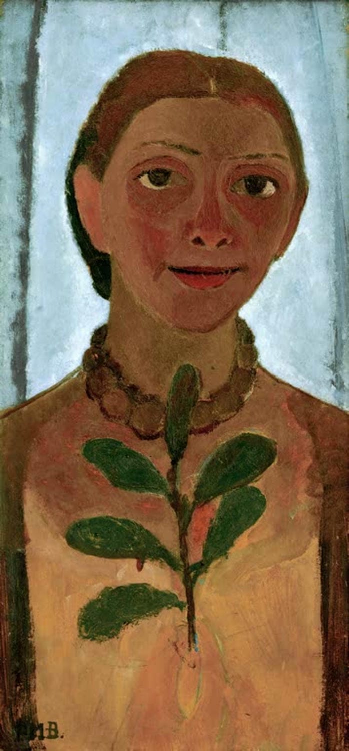 Paula Modersohn-Becker Gemälde „Selbstbildnis mit Kamelienzweig“ – eindrucksvolles Selbstporträt der Künstlerin mit einem Zweig Kamelien.