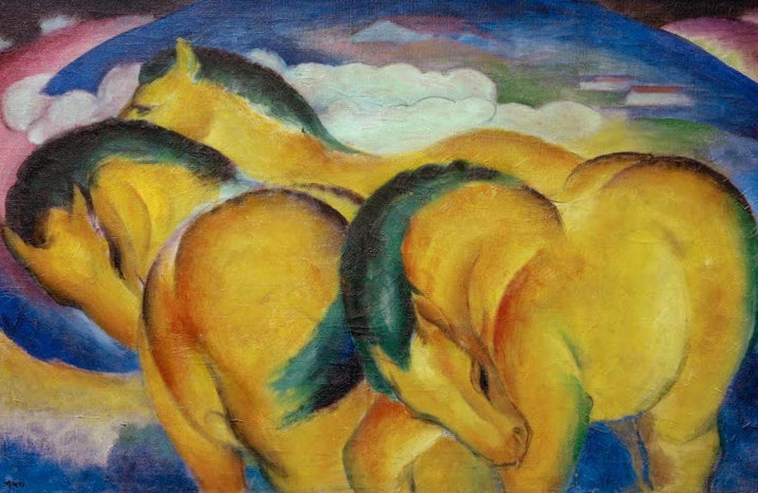 Kunstdruck „Kleine gelbe Pferde“ von Franz Marc – farbenfrohe expressionistische Pferdeszene als hochwertiger Kunstdruck, auf Leinwand oder Poster, optional gerahmt, handgefertigt in Deutschland.