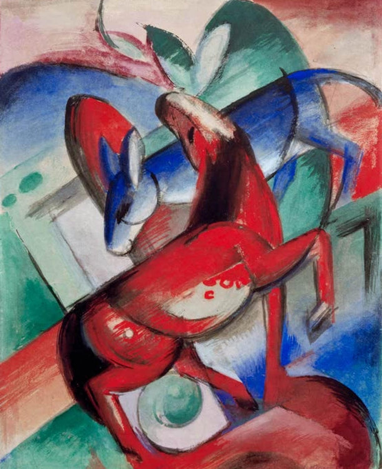 Kunstdruck „Pferd und Esel“ von Franz Marc – expressionistisches Tiermotiv mit Pferd und Esel als hochwertiger Kunstdruck, auf Leinwand oder Poster, optional gerahmt, handgefertigt in Deutschland.