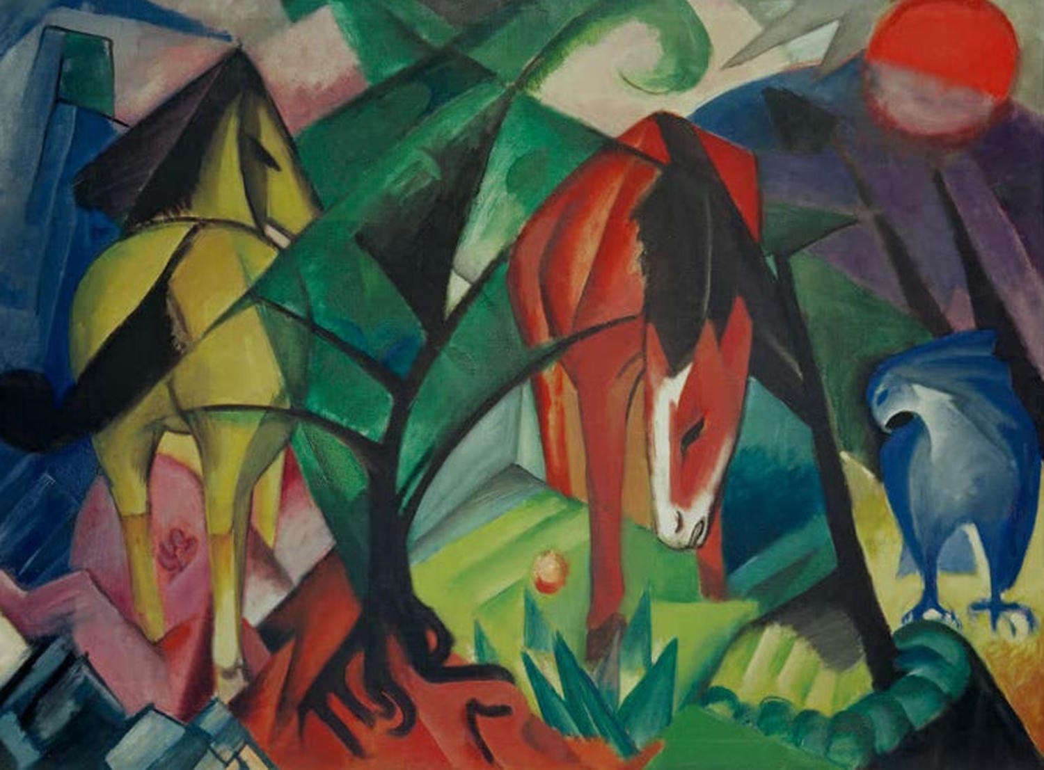 Kunstdruck „Pferde und Adler“ von Franz Marc – dynamisches Tiermotiv mit Pferden und Adler als hochwertiger Kunstdruck, auf Leinwand oder Poster, optional gerahmt, handgefertigt in Deutschland.