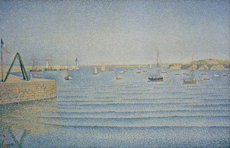 „Der Hafen von Portrieux“ von Paul Signac – farbenfrohe neoimpressionistische Hafenszene mit Booten und bretonischer Küste.